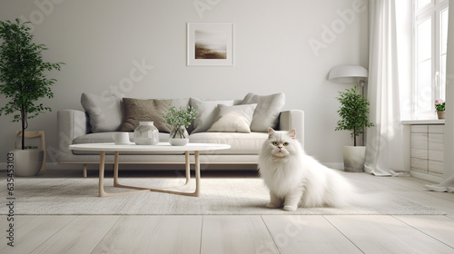 Generative AI, fluffy white cat lies on the carpet in the living room, beloved pet, modern interior in the apartment, own housing, real estate, keeping animals