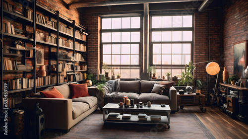 modern industrial living room with Book shelf