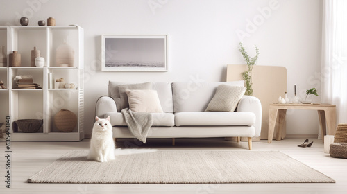 Generative AI, fluffy white cat lies on the carpet in the living room, beloved pet, modern interior in the apartment, own housing, real estate, keeping animals