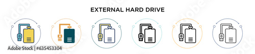 External hard drive icon in filled, thin line, outline and stroke style. Vector illustration of two colored and black external hard drive vector icons designs can be used for mobile, ui, web