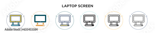 Laptop screen icon in filled, thin line, outline and stroke style. Vector illustration of two colored and black laptop screen vector icons designs can be used for mobile, ui, web