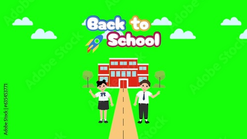 Back to school cartoon animation, green screen background. Cute boy and girl in formal uniform start new education year. 3d text effect view among the clouds and flying rocket. Animated kids 4k video.