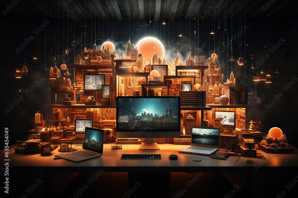 Laptop and social media technology with interface, the cloud computing concept and related hardware, Ai generative. Laptop and social media technology with interface, the cloud computing concept and related hardware, Ai generative.