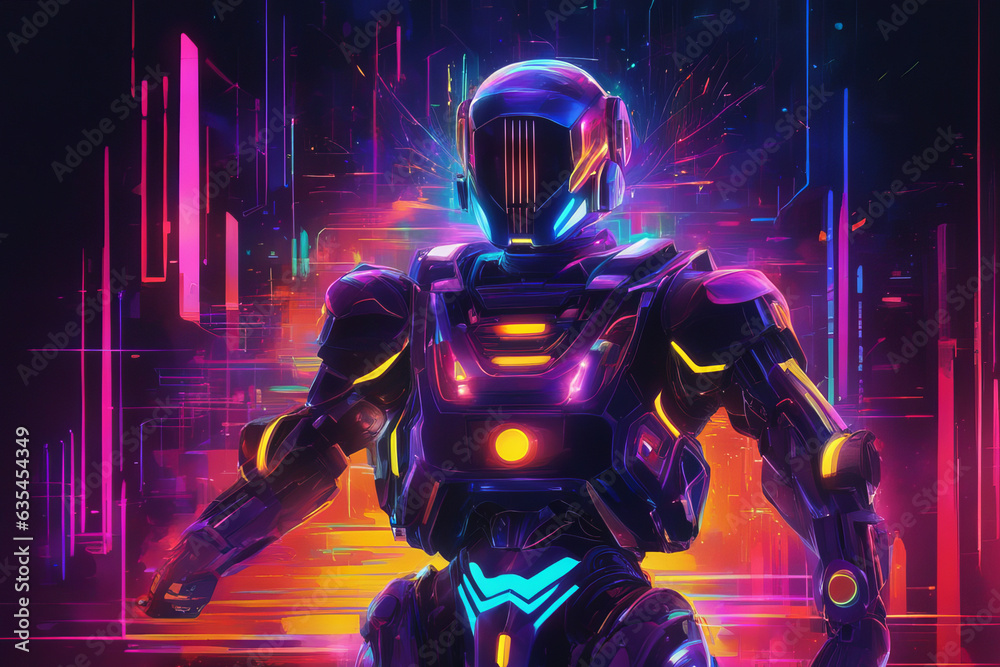 Neon art of a cyberpunk robot cyborg in a helmet