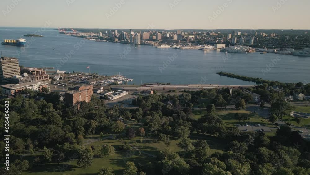 City of Halifax, Canada. Aerial view of cityscape showing architectural landmarks and city park with ocean. City of Halifax, Canada. Aerial view of cityscape showing architectural landmarks and city park with ocean.