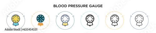 Blood pressure gauge icon in filled, thin line, outline and stroke style. Vector illustration of two colored and black blood pressure gauge vector icons designs can be used for mobile, ui, web