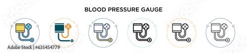 Blood pressure gauge icon in filled, thin line, outline and stroke style. Vector illustration of two colored and black blood pressure gauge vector icons designs can be used for mobile, ui, web