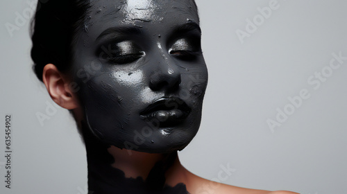 Activated Charcoal Beauty Model Portrait. Web banner with empty copy space on the side. Generative AI. 