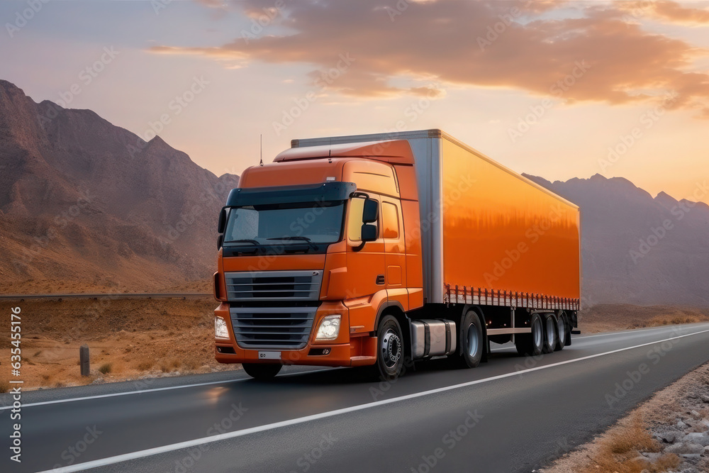 Loaded European truck on motorway in sunset light. Mountain landscape. On the road transportation and cargo. Loaded European truck on motorway in sunset light. Mountain landscape. On the road transportation and cargo.