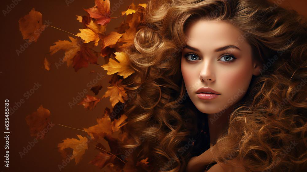 Autumn Beauty Model Portrait. Web banner with empty copy space on the side. Generative AI. 
