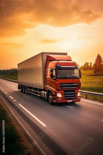 Loaded European truck on motorway in red, orange sunset light. On the road transportation and cargo.