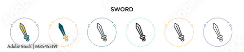 Sword icon in filled, thin line, outline and stroke style. Vector illustration of two colored and black sword vector icons designs can be used for mobile, ui, web