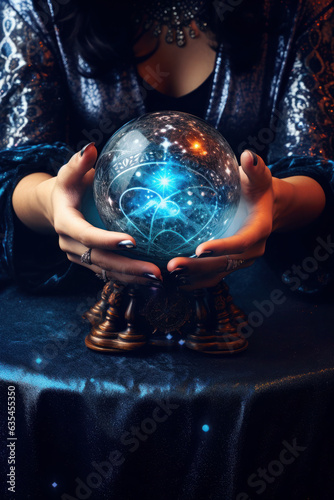 A magical crystal ball between two hands. woman is guessing. the witch is engaged in occultism, summons spirits. magic
