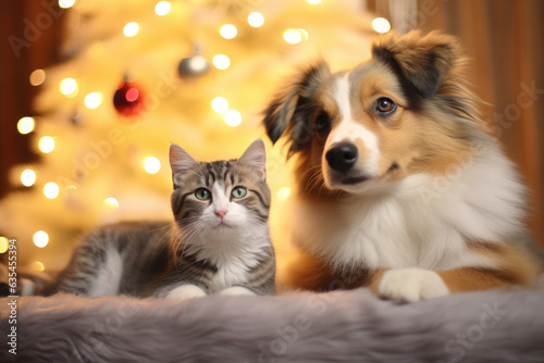 cat and dog near the Christmas tree. christmas pets. happiness  celebration and fun. furry animals.