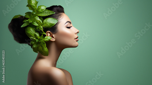 Basil Beauty Model Portrait. Web banner with empty copy space on the side. Generative AI. 