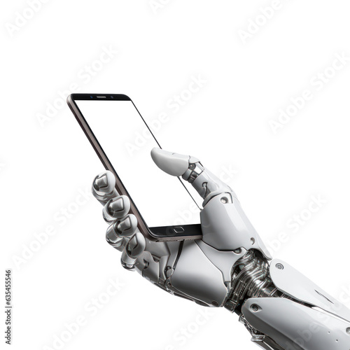 A robot hand holding smartphone. photo