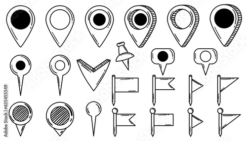 Hand drawn doodle pin location collection. Set of different navigation markers, pinpoints, tag and flags.
