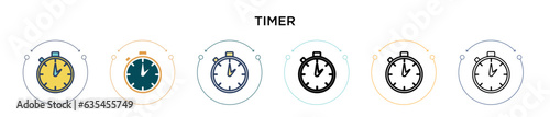 Timer icon in filled, thin line, outline and stroke style. Vector illustration of two colored and black timer vector icons designs can be used for mobile, ui, web
