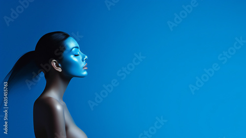 Blue Beauty Model Portrait. Web banner with empty copy space on the side. Generative AI. photo