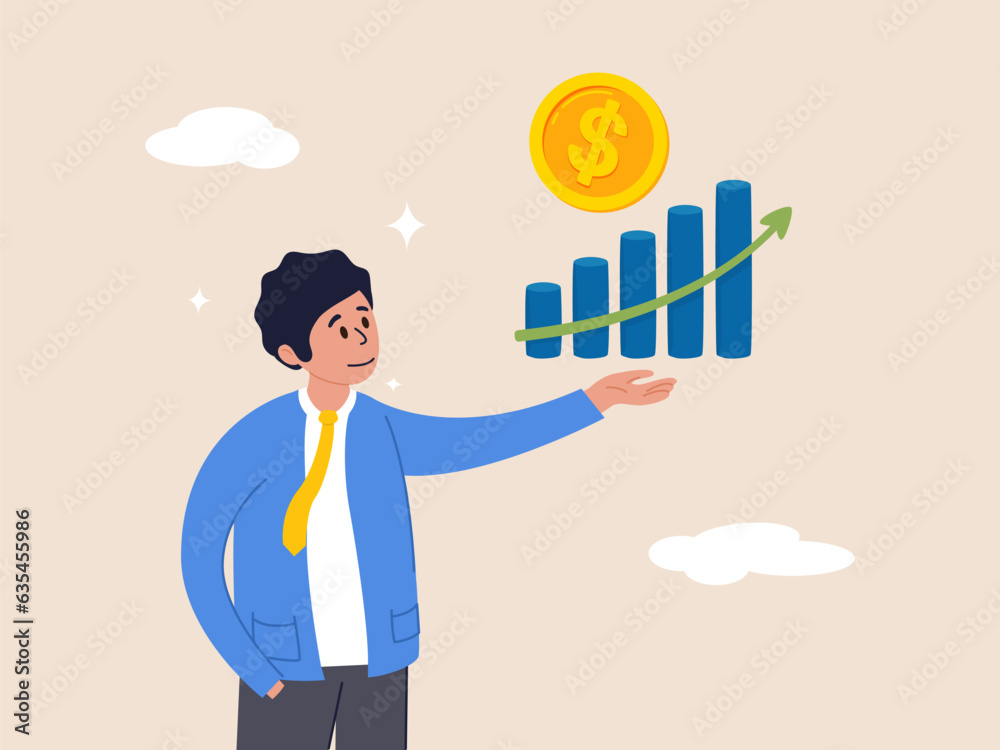 Investment profit growth concept. Make money to get rich or increase earning or income. Financial advisor or wealth management, confidence businessman investor holding big rising profit growth graph. Investment profit growth concept. Make money to get rich or increase earning or income. Financial advisor or wealth management, confidence businessman investor holding big rising profit growth graph.