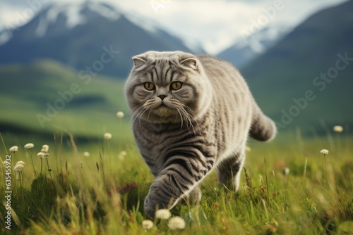 Scottish cat gray hair in the wild and mountain background. Generative AI