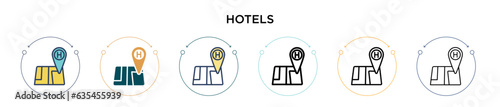 Hotels icon in filled, thin line, outline and stroke style. Vector illustration of two colored and black hotels vector icons designs can be used for mobile, ui, web