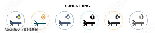Sunbathing icon in filled, thin line, outline and stroke style. Vector illustration of two colored and black sunbathing vector icons designs can be used for mobile, ui, web