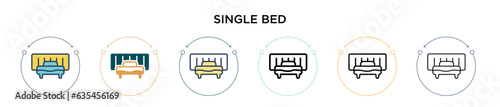 Single bed icon in filled, thin line, outline and stroke style. Vector illustration of two colored and black single bed vector icons designs can be used for mobile, ui, web