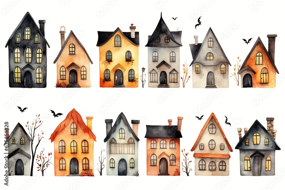 Whimsical Halloween Houses: Watercolor Set