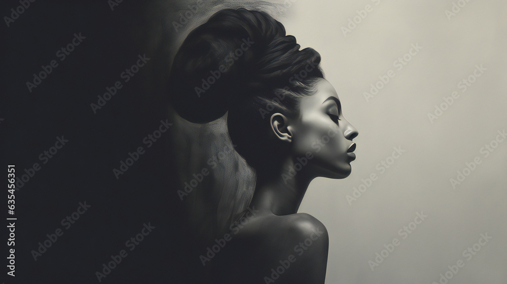 Black Beauty Model Portrait. Web banner with empty copy space on the side. Generative AI.