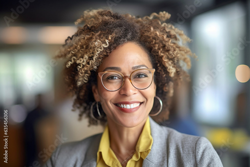 Portrait dark-skinned aged woman with glasses, smiling business woman in the office 