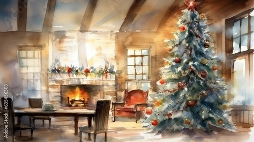  Christmas tree in the living room near the fireplace, a beautiful festively decorated, watercolor background illustration.