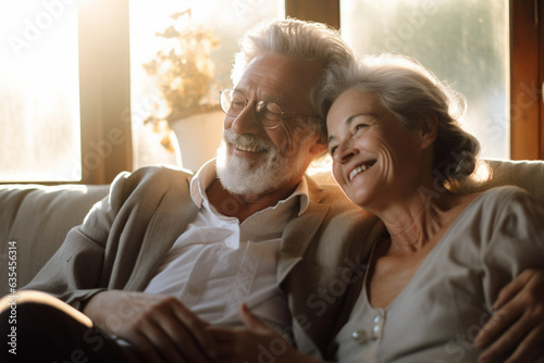 Portrait Happy elderly, senior couple smiling at home, man with his wife at home, enjoying together. 