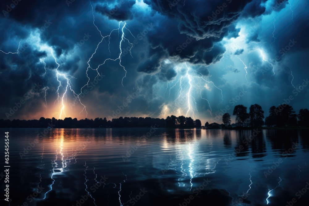 Lightning thunderstorm flash over the night sky. Generative AI