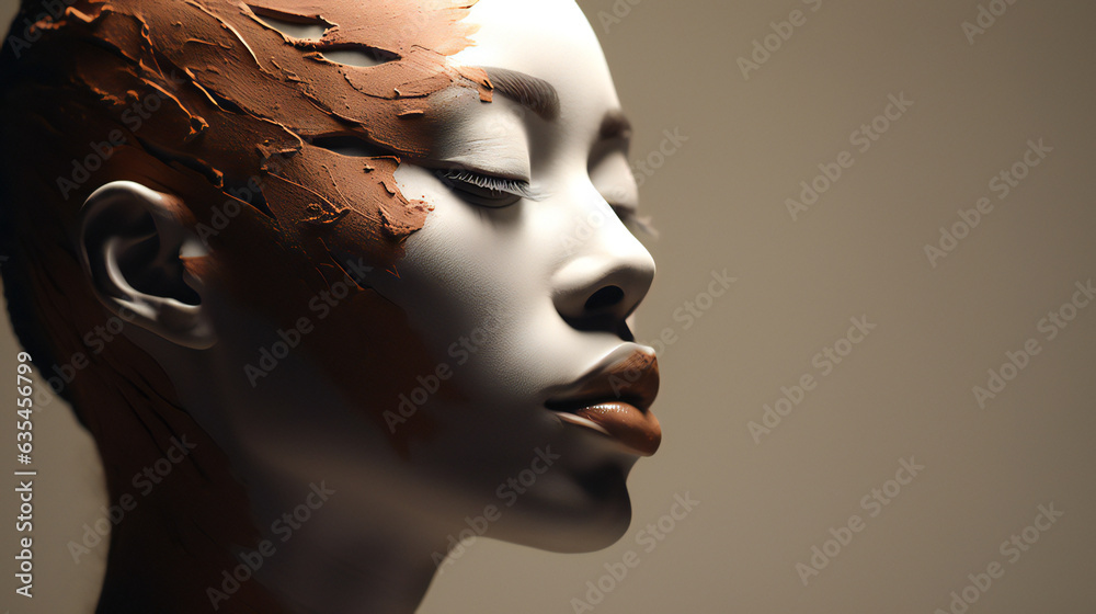 Clay Beauty Model Portrait. Web banner with empty copy space on the side. Generative AI. Clay Beauty Model Portrait. Web banner with empty copy space on the side. Generative AI.
