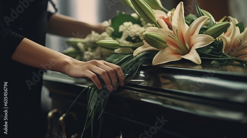 hand on coffin in church with bouquet of flower on the top, last goodbye 