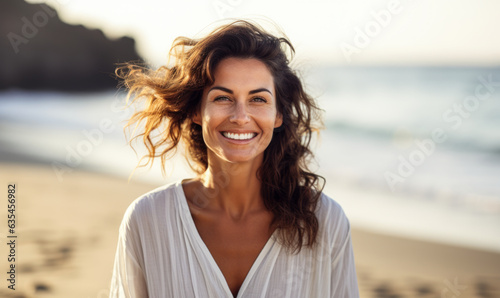 Tranquil Beach Vibes: 40-Year-Old Woman Smiles with Serenity