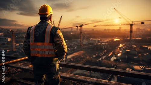 Top View of Engineer in Yellow Vest at Construction Site Sunset