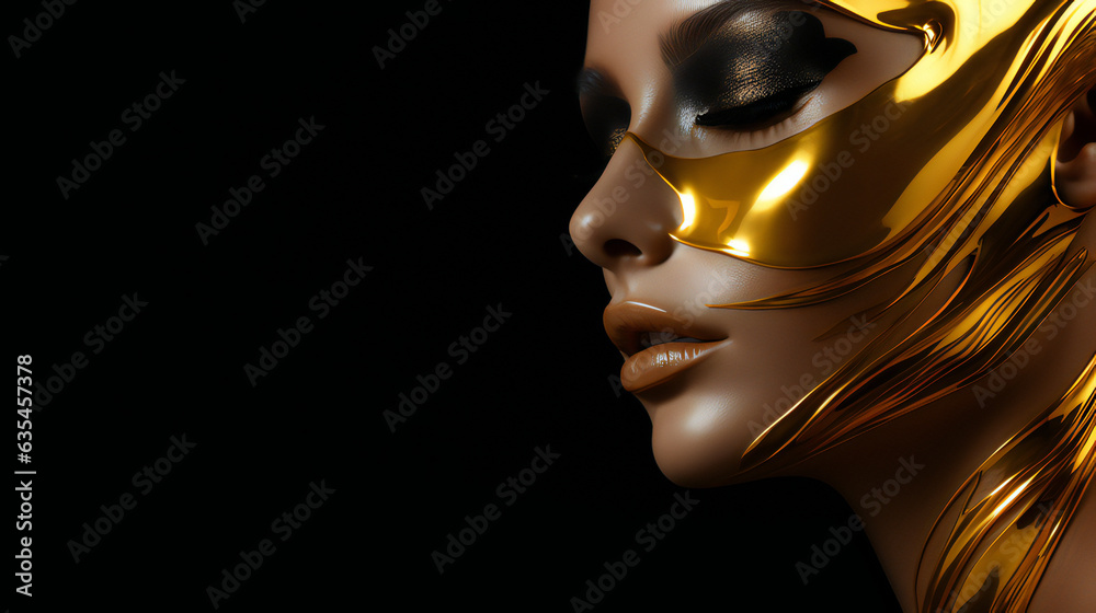 Gold Beauty Model Portrait. Web banner with empty copy space on the side. Generative AI. Gold Beauty Model Portrait. Web banner with empty copy space on the side. Generative AI.
