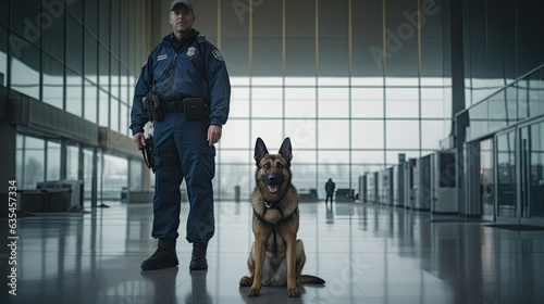 Security officer with police dog at airport. Police dog. Sniffer Dog. Generative Ai