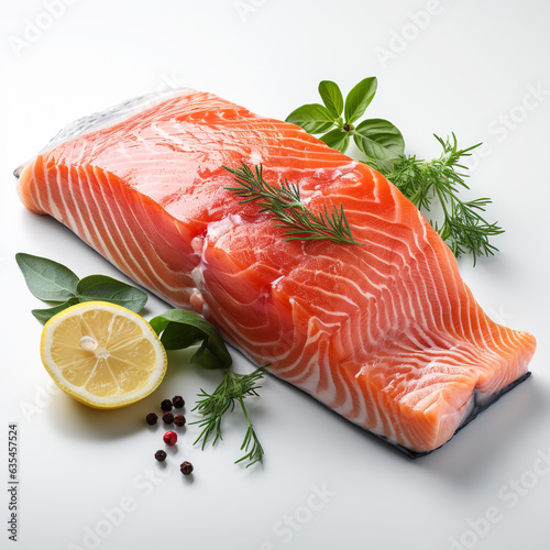 Large sliced salmon with side dishes isolated against white background.