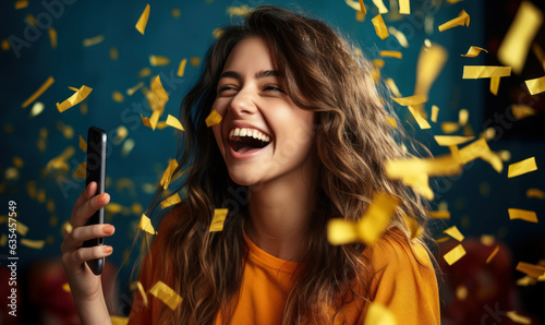 Successful Young Woman Celebrates Prize Win in Studio: A successful young woman celebrates her prize win in a studio, surrounded by gold confetti.