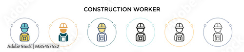 Construction worker icon in filled, thin line, outline and stroke style. Vector illustration of two colored and black construction worker vector icons designs can be used for mobile, ui, web