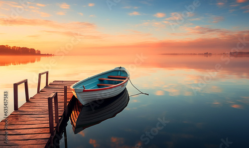 Fotografija entspannter Morgen am See am Steg zum Sonnenaufgang