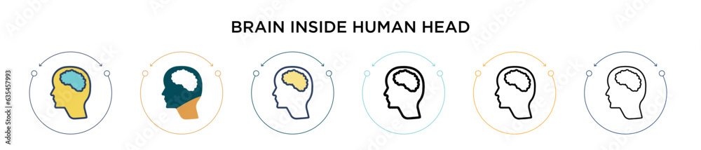 Brain inside human head icon in filled, thin line, outline and stroke style. Vector illustration of two colored and black brain inside human head vector icons designs can be used for mobile, ui, web