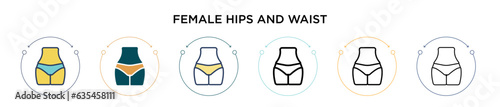 Female hips and waist icon in filled, thin line, outline and stroke style. Vector illustration of two colored and black female hips and waist vector icons designs can be used for mobile, ui, web