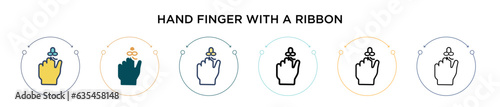 Hand finger with a ribbon icon in filled, thin line, outline and stroke style. Vector illustration of two colored and black hand finger with a ribbon vector icons designs can be used for mobile, ui,