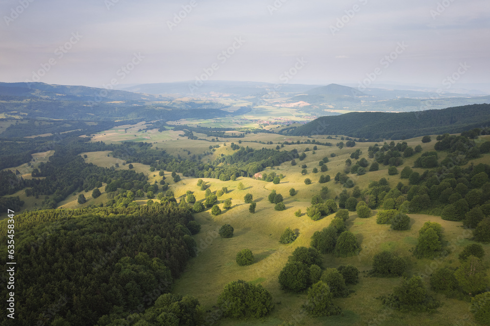 Obraz premium Summer landscape with hills and trees in the warm sunrise light