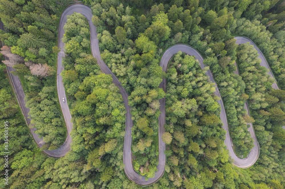 Aerial view above Transbucegi mountain road, in Romania