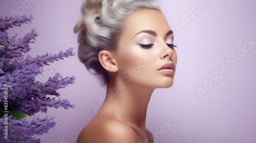 Lavender Beauty Model Portrait. Web banner with empty copy space on the side. Generative AI.